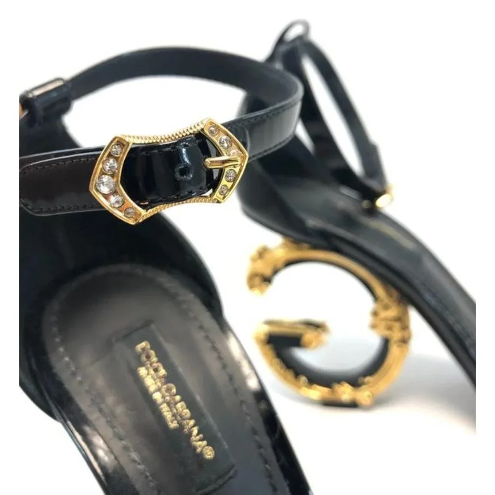 Dolce And Gabbana Black Sculpted Heel Patent Leather Sandals Size EU:36.5
